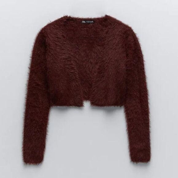 ZARA Cropped Soft-Feel Long Sleeve Cardigan Women's Size Large Brown - Picture 2 of 11